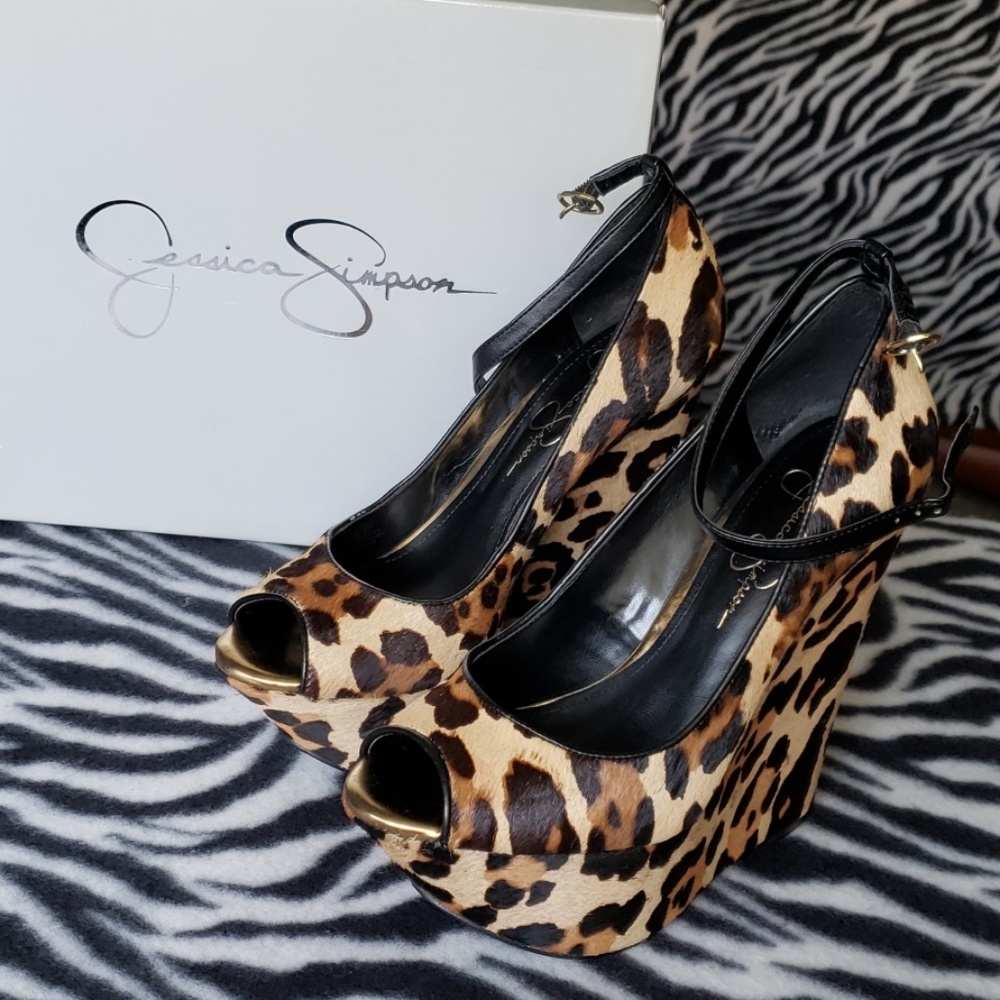 Jessica Simpson new leopard pony hair wedges.